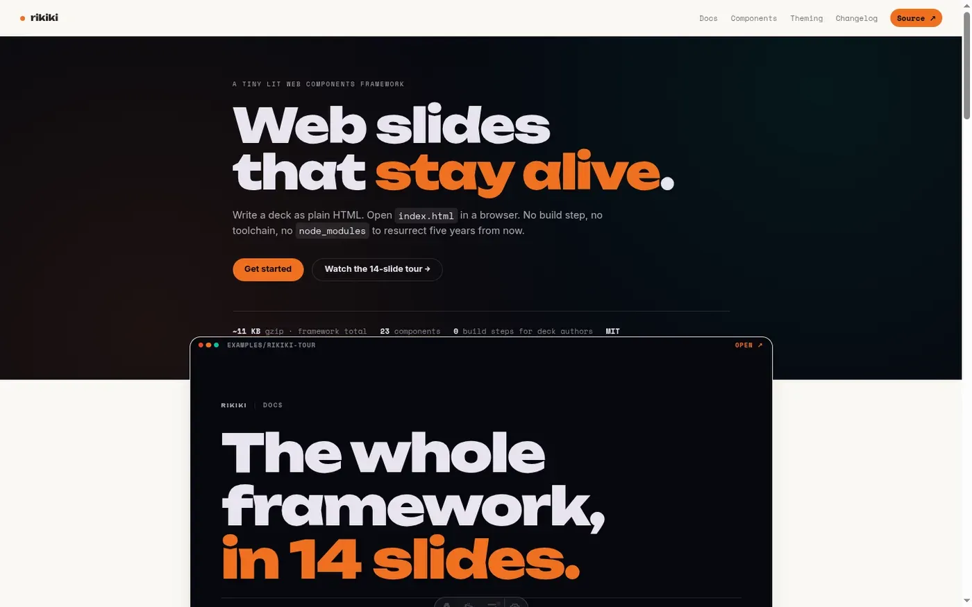 La landing : « Web slides that stay alive ». Elle embarque elle-même son deck de démo.