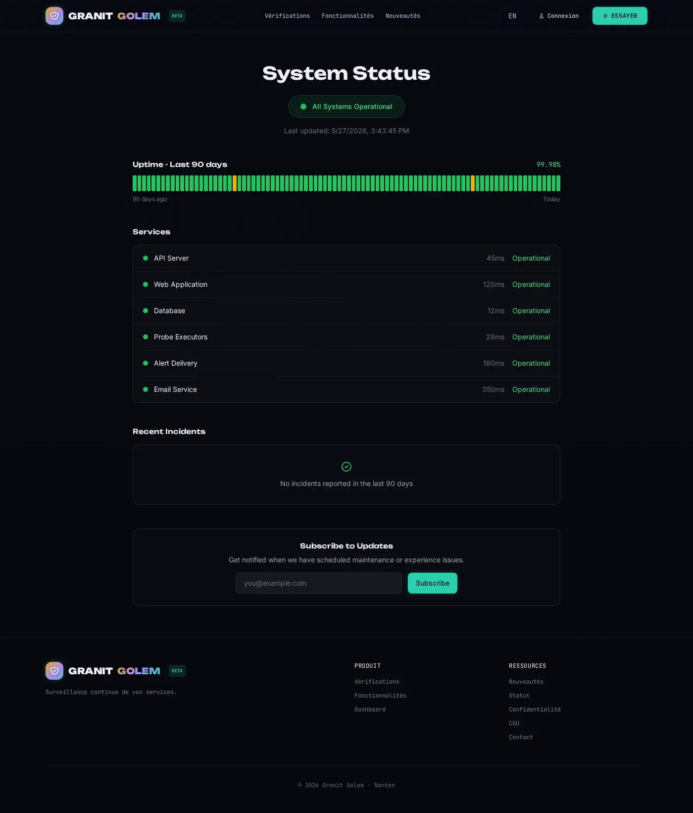 Status page publique : uptime sur 90 jours.