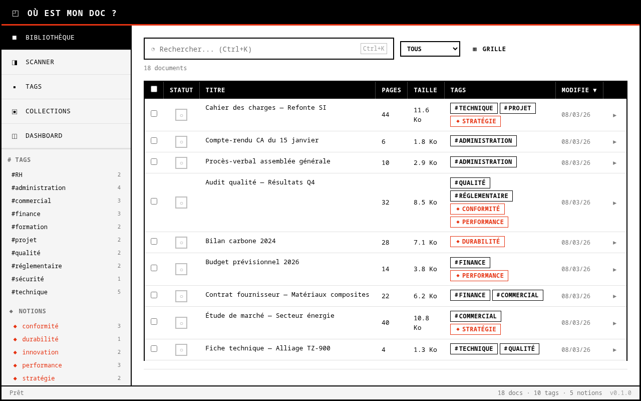 Bibliothèque de documents avec recherche et tags